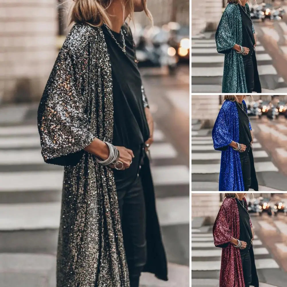 Classic Gown Cape Skin-touch Cardigan Coat No Buttons Party Shiny Glitter Coat Outerwear Windproof