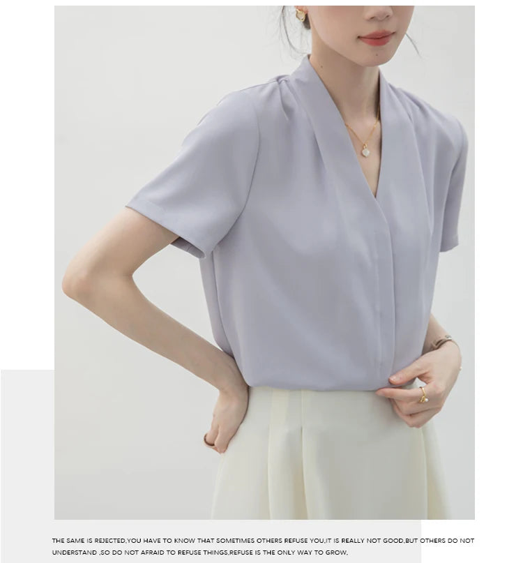 2025 Fashion Summer Short Sleeve V-Neck Women Blouse White Blouse Shirt Women Tops Blouses Shirts Blusas Para Mujer Camisas XL86