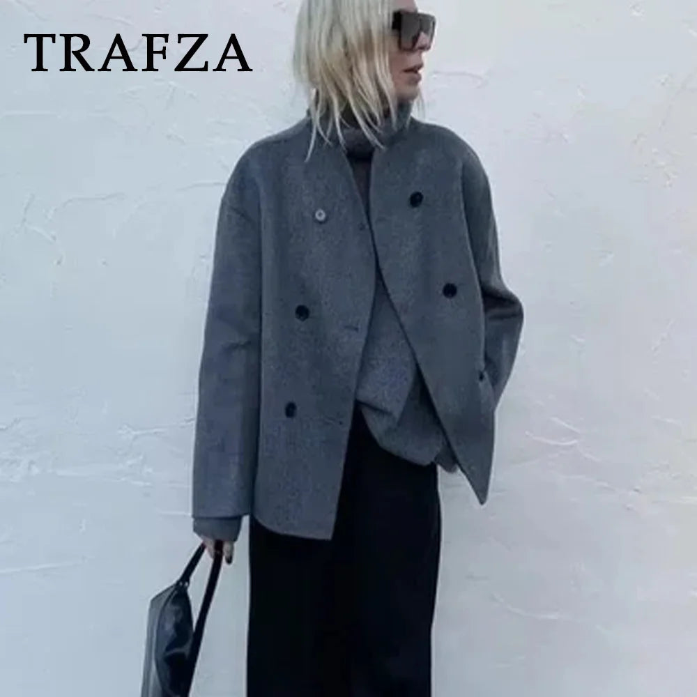 Shop Women's Woolen Coat - Casual, Double Breasted, Turtleneck Jacket