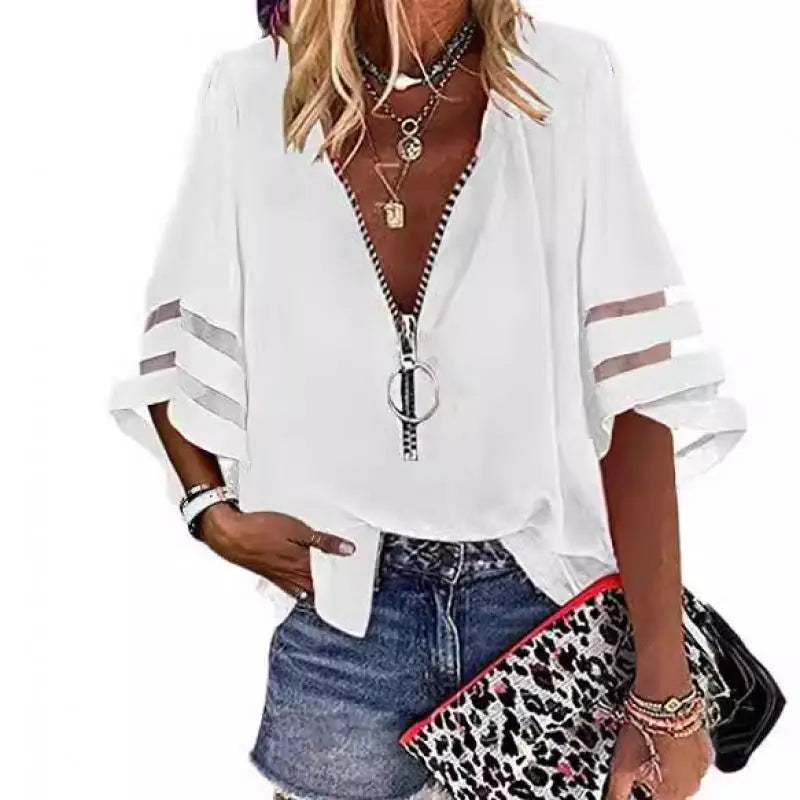 Women's Casual Loose V-neck Half-flat Sleeve Blouse 2025 Spring Summer Tops Streetwear Ladies Spliced zipper Solid Shirts