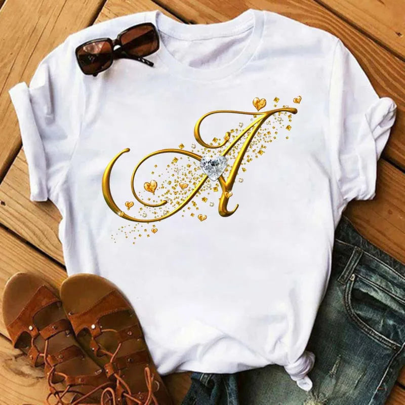 Custom Name Letter Combination Fashion Women T-shirt Diamond Gold Letter Font A B C D E F G Short Sleeve Tops Black T-shirt