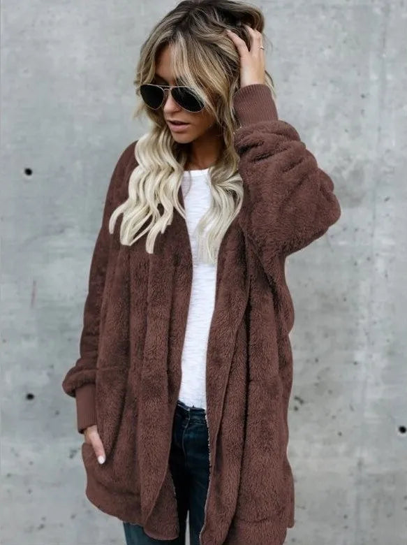 Shop Cozy Fleece Hooded Cardigan - Women's Plush Oversized Jacket