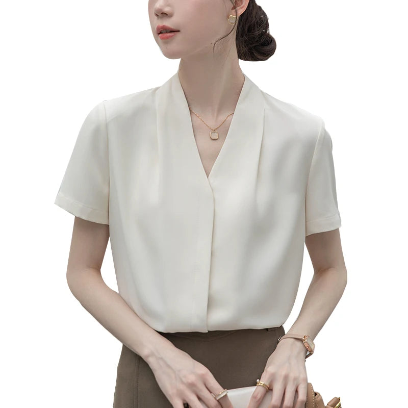2025 Fashion Summer Short Sleeve V-Neck Women Blouse White Blouse Shirt Women Tops Blouses Shirts Blusas Para Mujer Camisas XL86