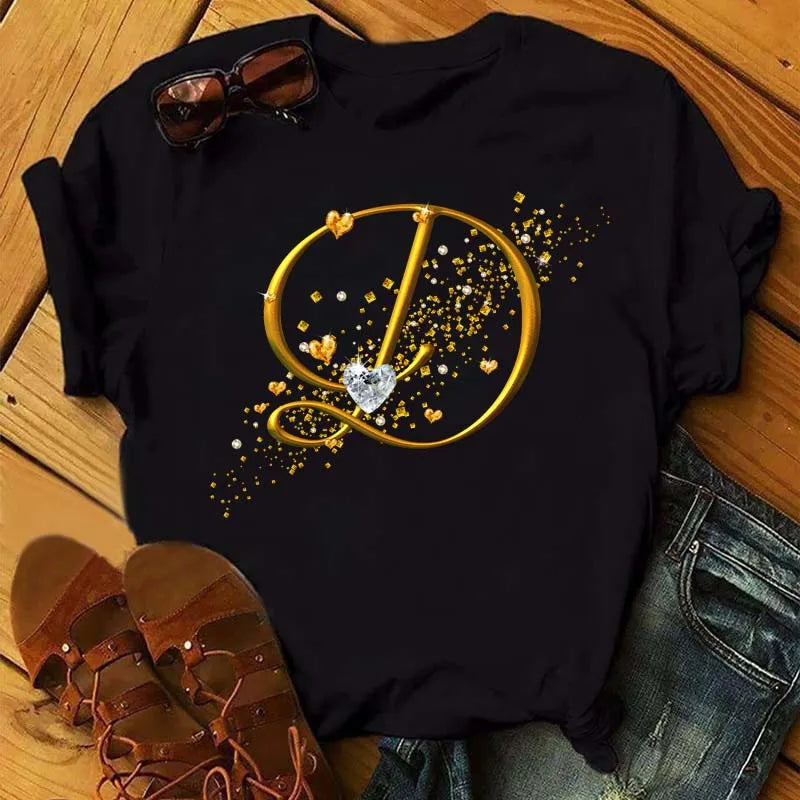Custom Name Letter Combination Fashion Women T-shirt Diamond Gold Letter Font A B C D E F G Short Sleeve Tops Black T-shirt