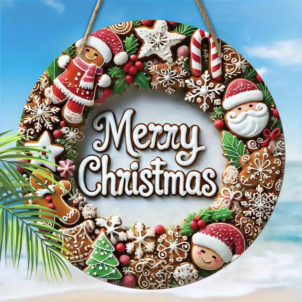 1pc, 2D Merry Christmas Garland, Santa Claus Candy Christmas Tree 7.87inch Wooden Round-shaped Hanging Wall or Door Decor