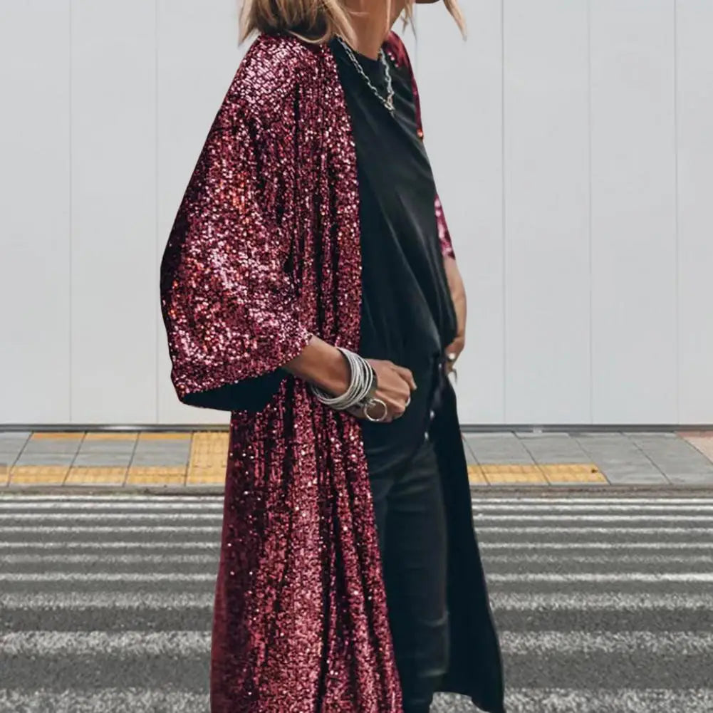 Classic Gown Cape Skin-touch Cardigan Coat No Buttons Party Shiny Glitter Coat Outerwear Windproof