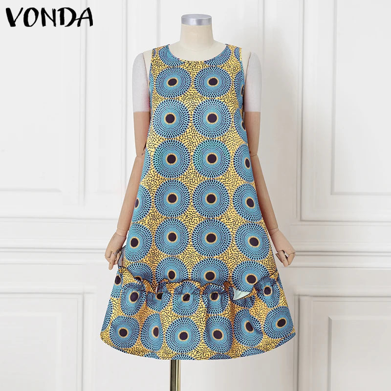 VONDA Bohemian Dress Women Printed Sleeveless Summer Sundress 2025 Loose Casual Ruffled Party Vestidos Oversized Mid-Calf Robe