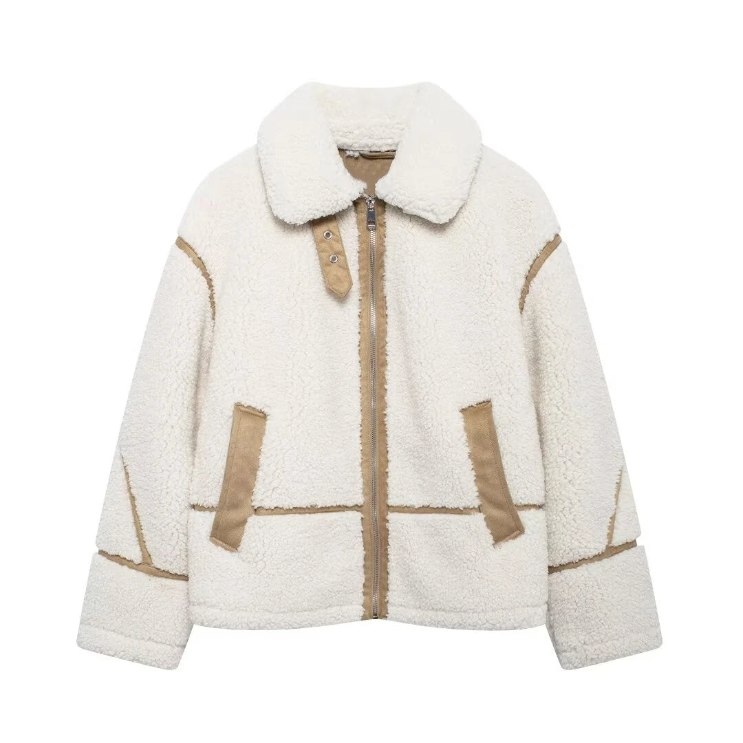 Shop Women's Contrast Stripe Fleece Jacket - Double-Sided Lapel Warm Coat