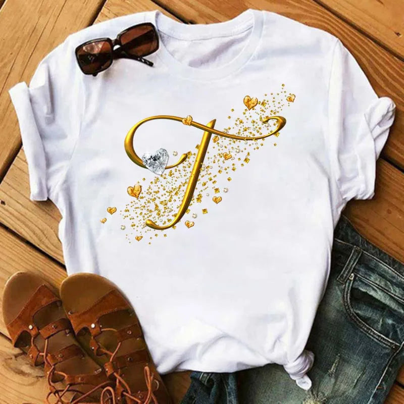 Custom Name Letter Combination Fashion Women T-shirt Diamond Gold Letter Font A B C D E F G Short Sleeve Tops Black T-shirt