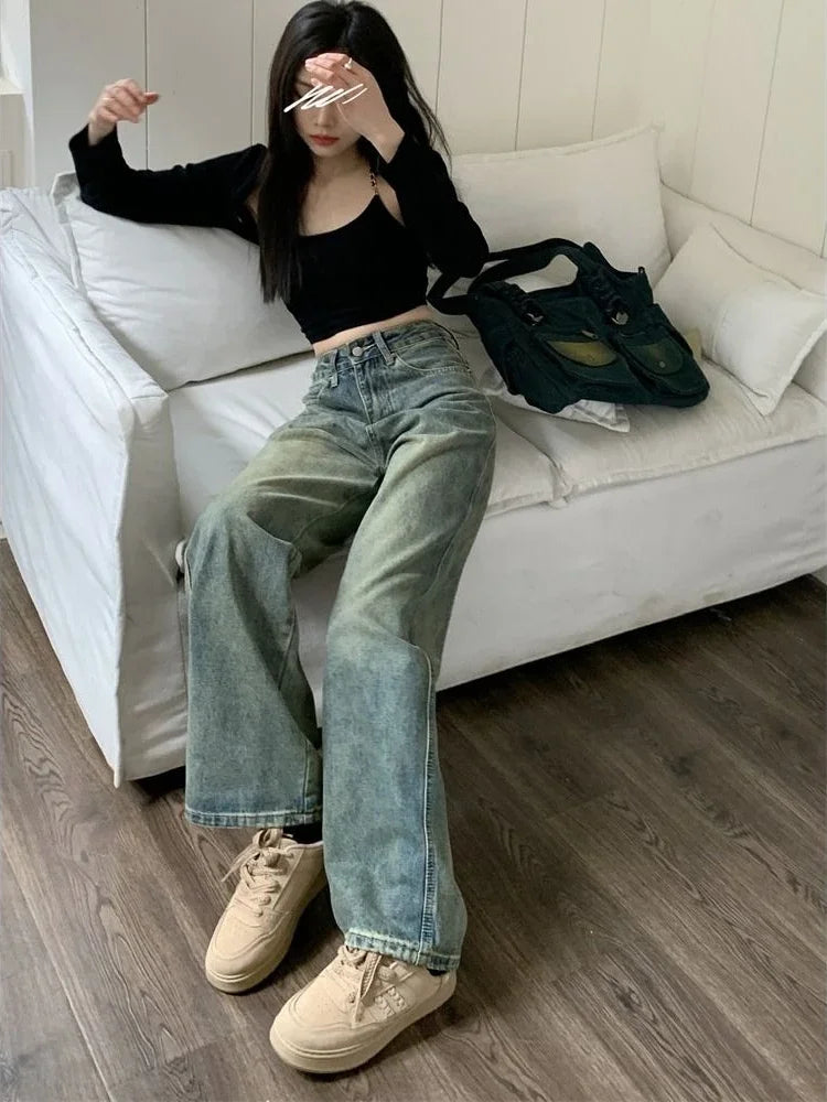 Shop Y2K Baggy Wide-Leg Jeans - Vintage Washed Denim Pants for Women