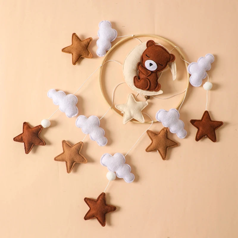 Let's Make Wooden Baby Rattles Soft Felt Cartoon Bear Cloudy Star Moon Hanging Bed Bell Mobile Crib Montessori Education Toys