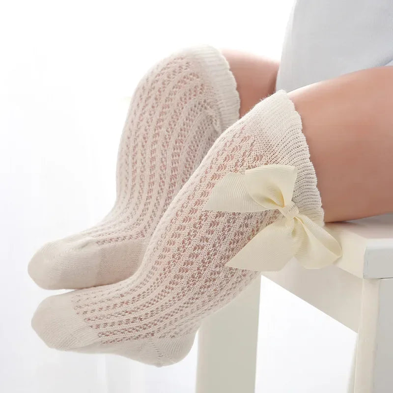 Summer Mesh Baby Girls Socks Cute Big Bows Soft Cotton Elastic White Red Newborn Stockings Knee High Long for Toddler Socks