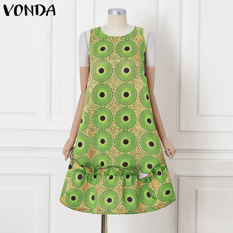 VONDA Bohemian Dress Women Printed Sleeveless Summer Sundress 2025 Loose Casual Ruffled Party Vestidos Oversized Mid-Calf Robe