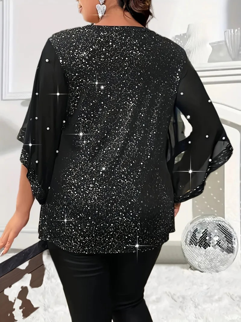 Plus Size 1XL-5XL Women's Casual Loose Comfortable Starry Sky Printed V-neck Mesh Patchwork T-shirt