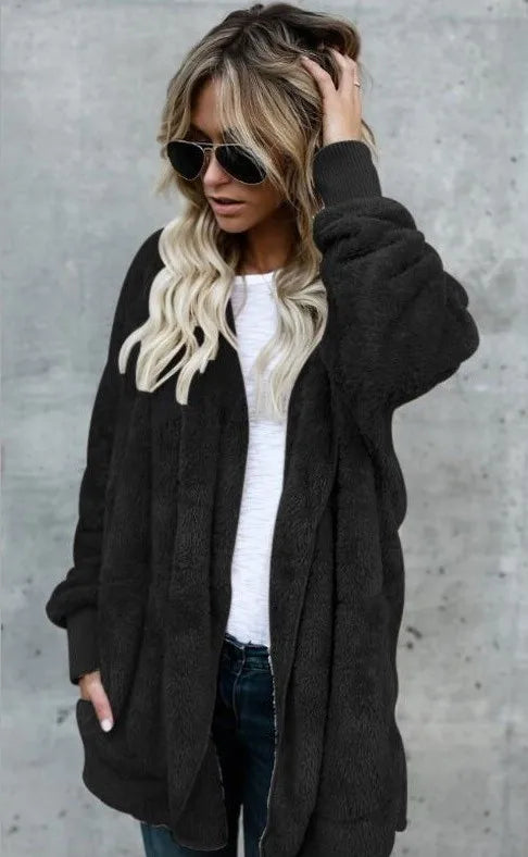 Shop Cozy Fleece Hooded Cardigan - Women's Plush Oversized Jacket