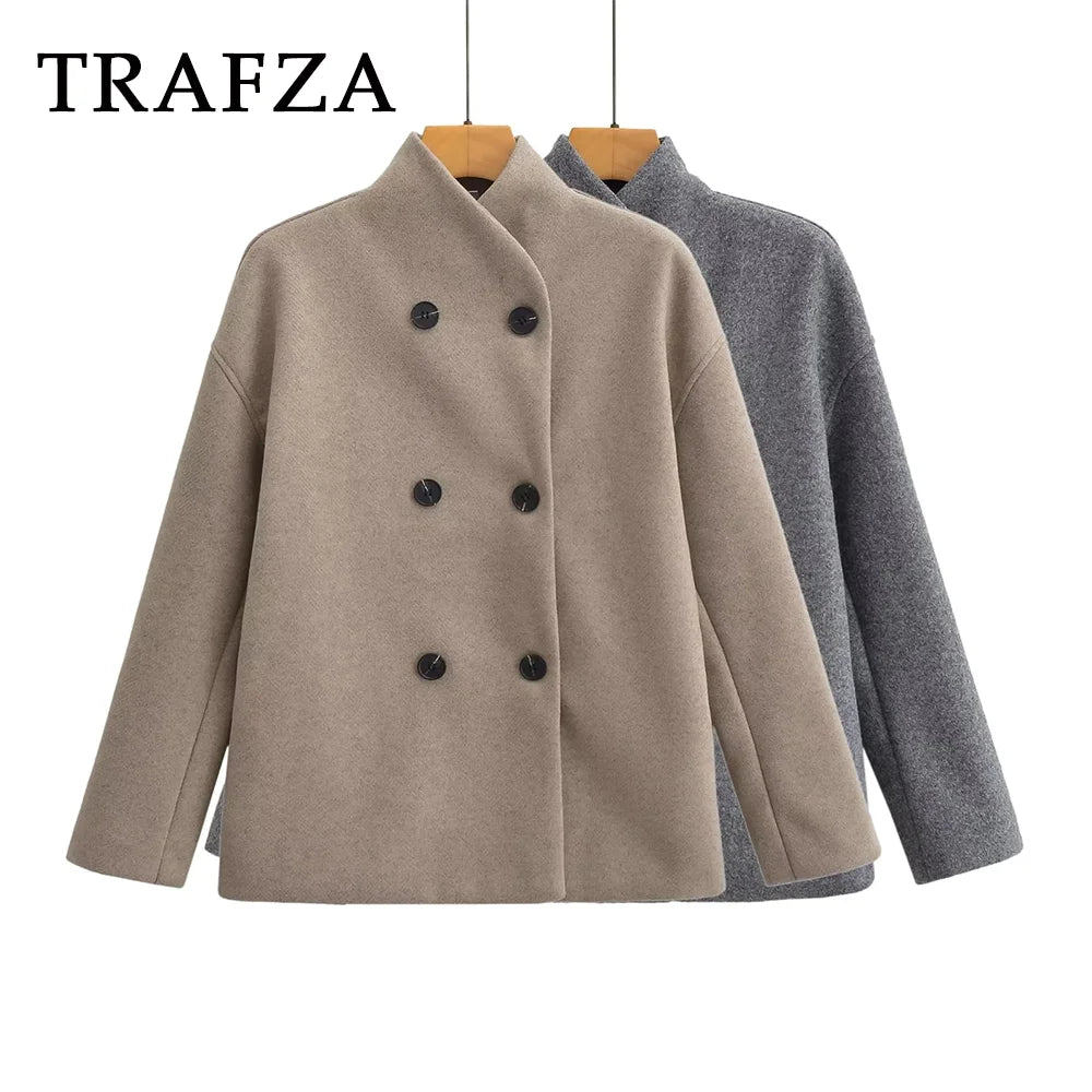 Shop Women's Woolen Coat - Casual, Double Breasted, Turtleneck Jacket