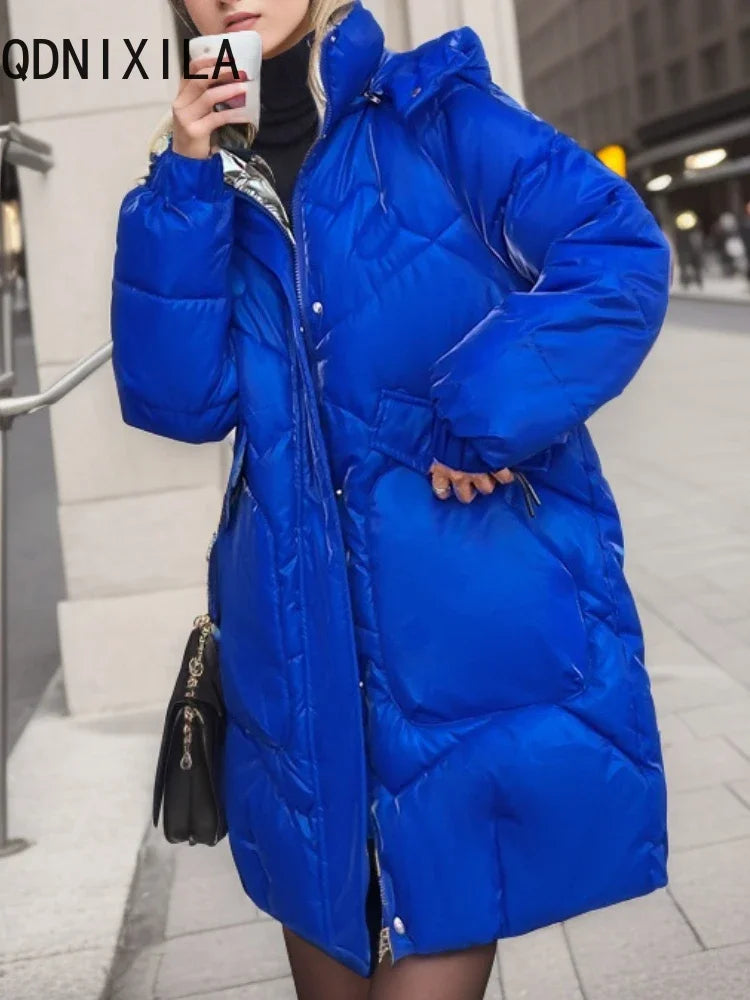 Women's Down Jacket Mid Length Korean Fashion Parka Tops Hooded Warm New Black Coat Glossy Casual Loose Jackets for Women 2024