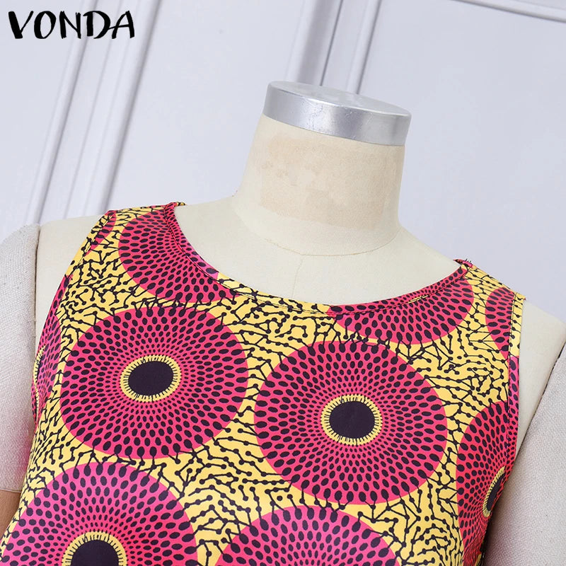 VONDA Bohemian Dress Women Printed Sleeveless Summer Sundress 2025 Loose Casual Ruffled Party Vestidos Oversized Mid-Calf Robe