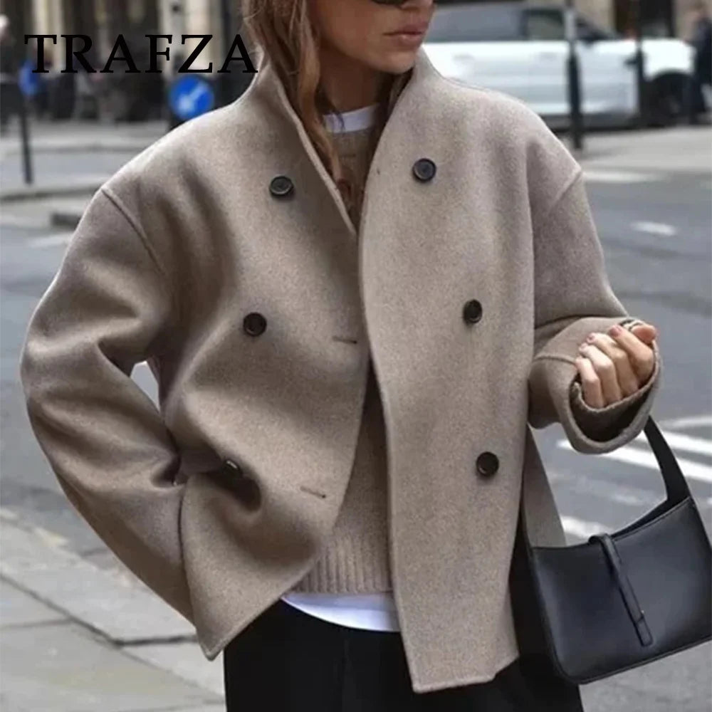 Shop Women's Woolen Coat - Casual, Double Breasted, Turtleneck Jacket