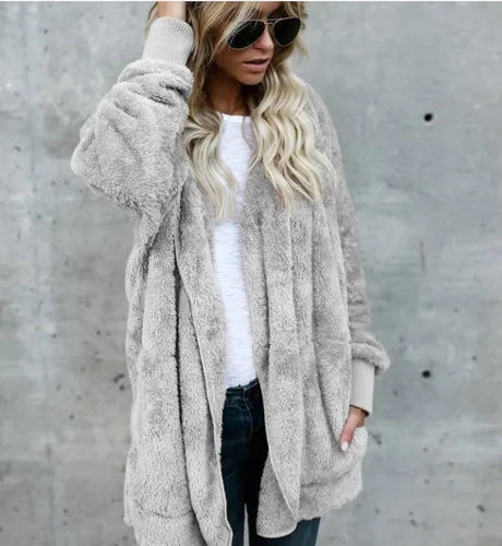Shop Cozy Fleece Hooded Cardigan - Women's Plush Oversized Jacket