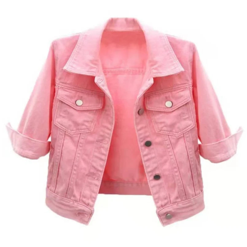 Shop Women's Short Denim Jacket - Casual Spring/Autumn Outerwear in Trendy Colors