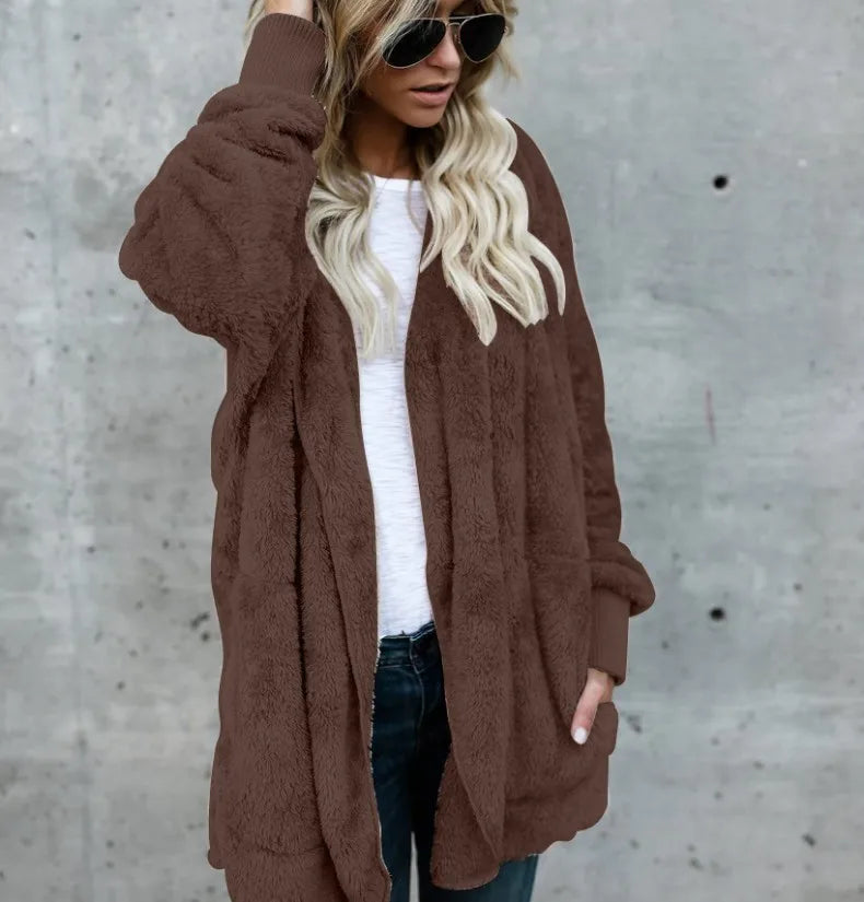 Shop Cozy Fleece Hooded Cardigan - Women's Plush Oversized Jacket