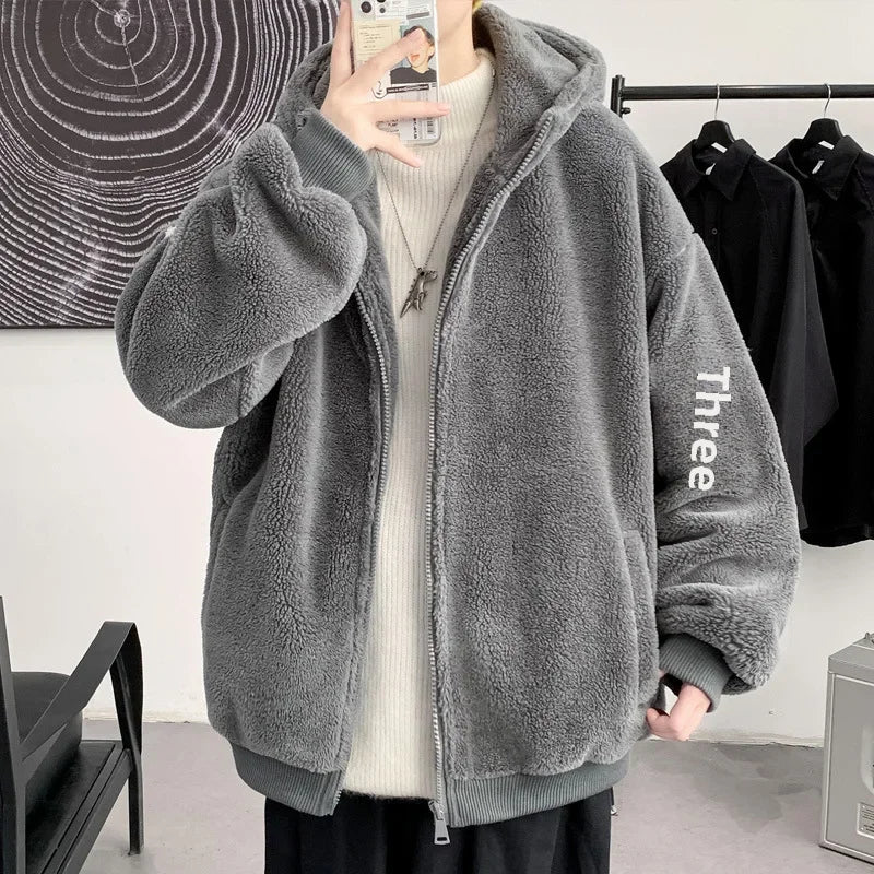 Trendy Thickened Cotton Coat For Men Winter Lamb Wool Jacket Hooded Loose Fit Fleece Lined Hooded Parkas Casual Outwear