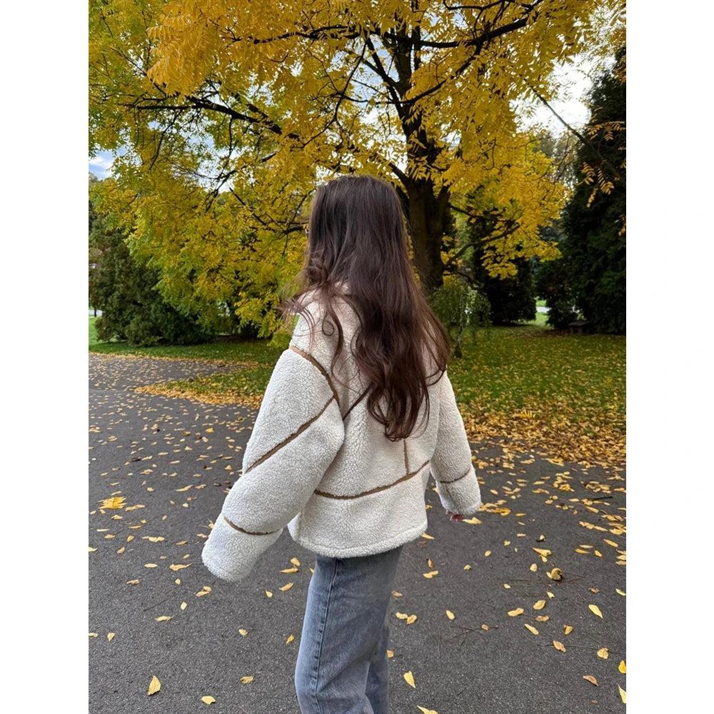 Shop Women's Contrast Stripe Fleece Jacket - Double-Sided Lapel Warm Coat