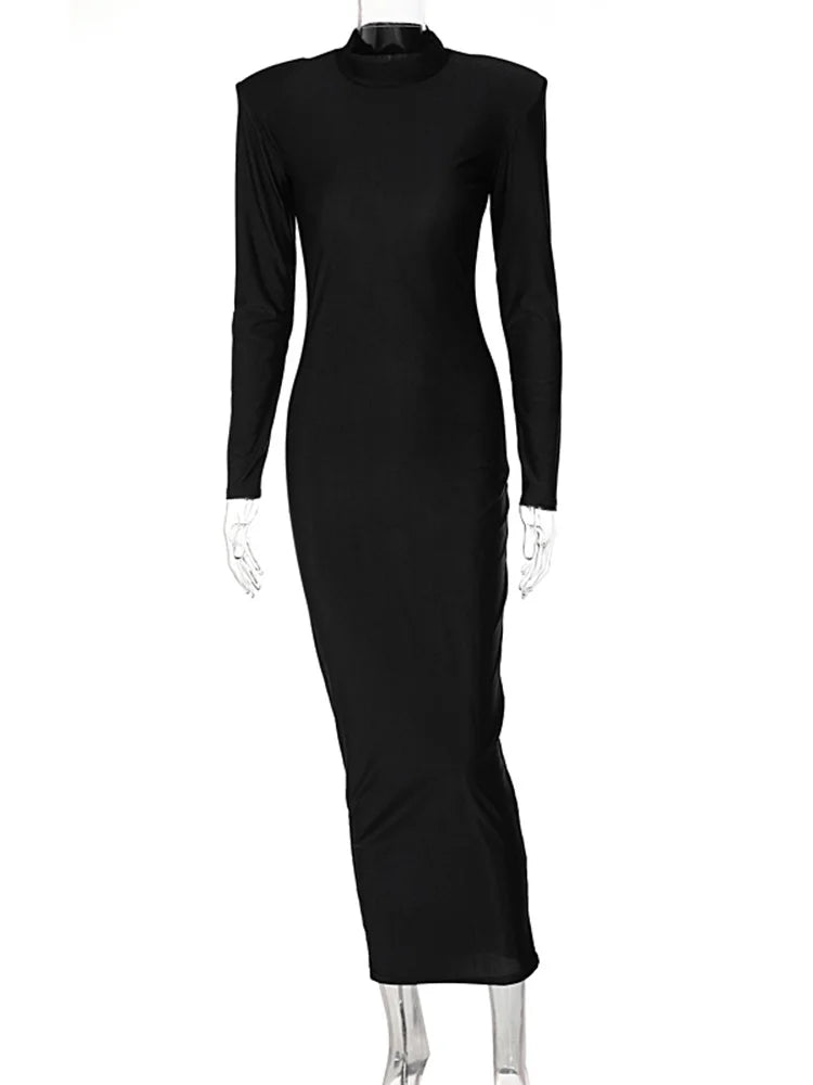 Hugcitar Solid Long Sleeve With Shoulder Pads Turtleneck Maxi Dress New Year Women Fashion Streetwear Elegant Skinny