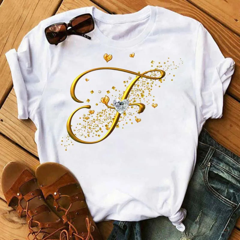 Custom Name Letter Combination Fashion Women T-shirt Diamond Gold Letter Font A B C D E F G Short Sleeve Tops Black T-shirt