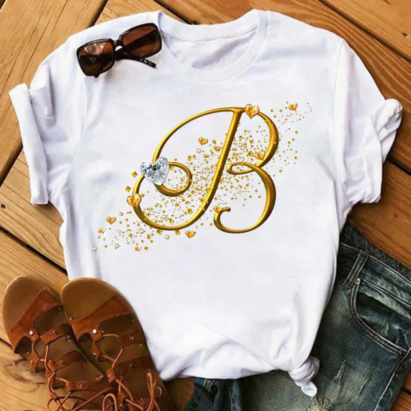 Custom Name Letter Combination Fashion Women T-shirt Diamond Gold Letter Font A B C D E F G Short Sleeve Tops Black T-shirt