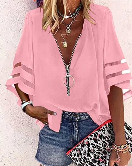 Women's Casual Loose V-neck Half-flat Sleeve Blouse 2025 Spring Summer Tops Streetwear Ladies Spliced zipper Solid Shirts