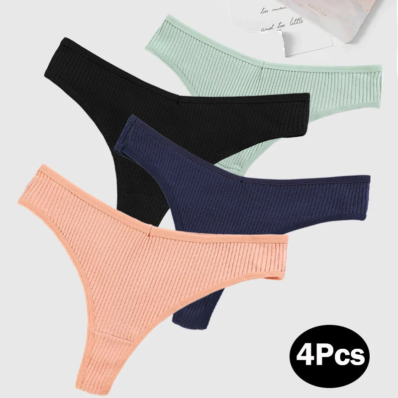 Shop 4-Piece Cotton Women's Breathable Thongs - Striped G-String Lingerie