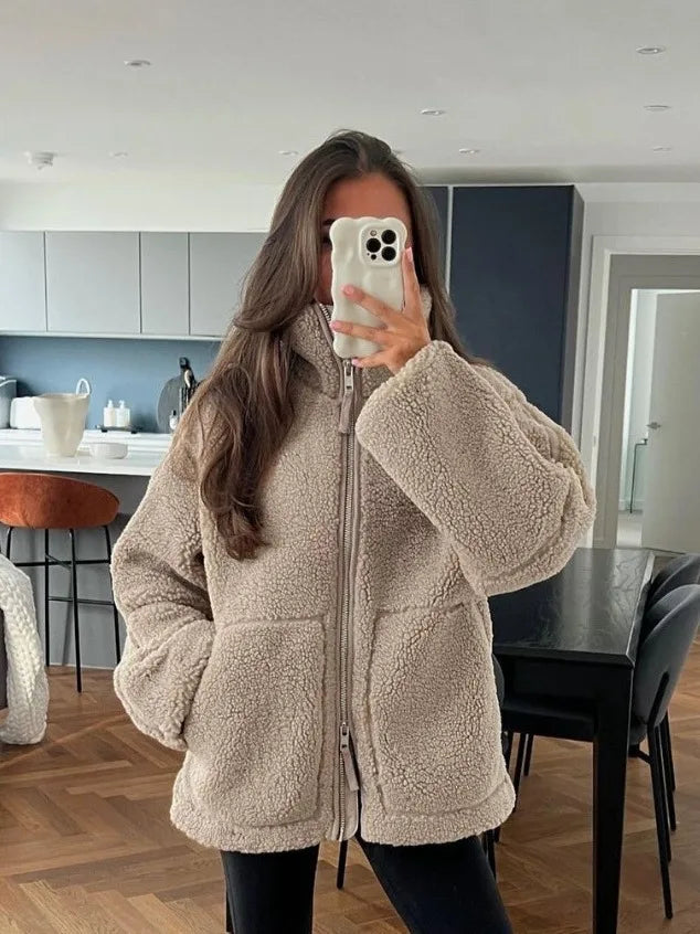 Shop Women's Oversized Teddy Fleece Coat - Warm Plush Lamb Wool Jacket