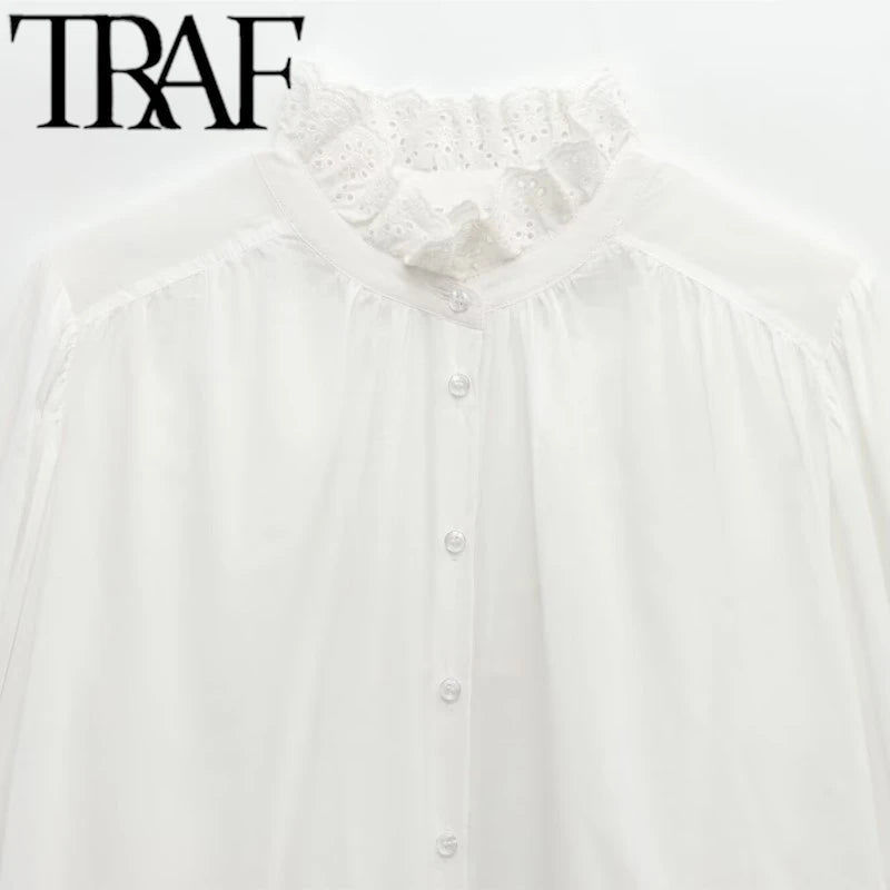 TRAF 2025 Woman Fashion Casual Breathable Hollowed Out Embroidered Top Slim Single Breasted Shirts Spring