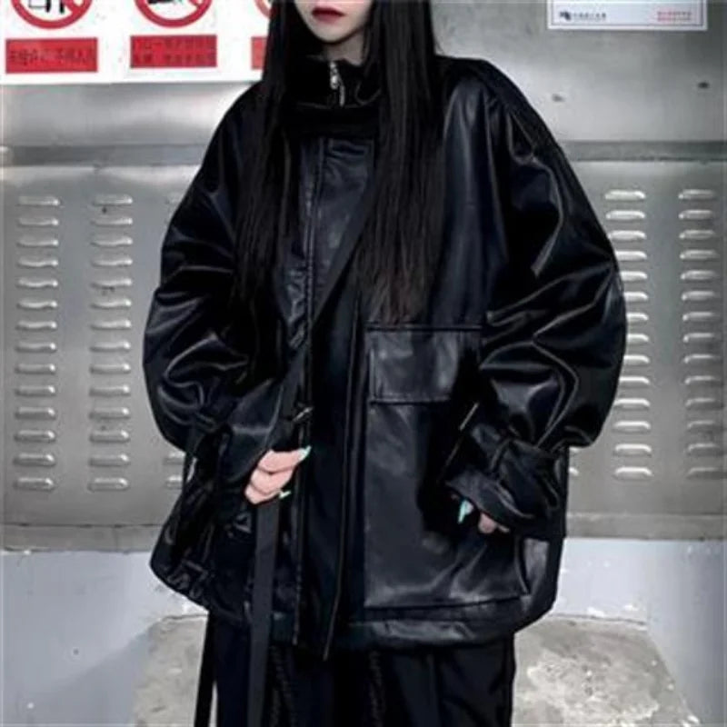 Deeptown Goth Leather Jacket Women Gothic Oversized Zipper Harajuku Fashion Streetwear Jacket Female Dark Academia Loose Black