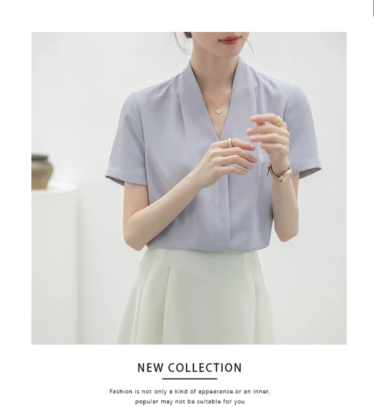 2025 Fashion Summer Short Sleeve V-Neck Women Blouse White Blouse Shirt Women Tops Blouses Shirts Blusas Para Mujer Camisas XL86