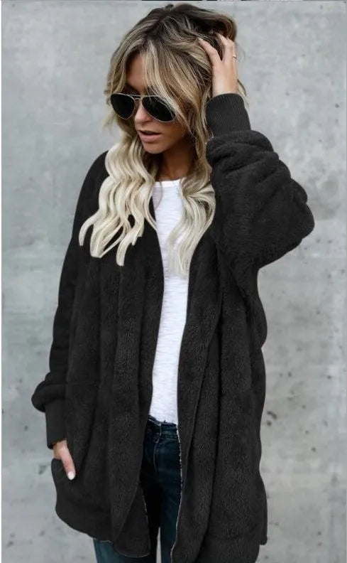 Shop Cozy Fleece Hooded Cardigan - Women's Plush Oversized Jacket