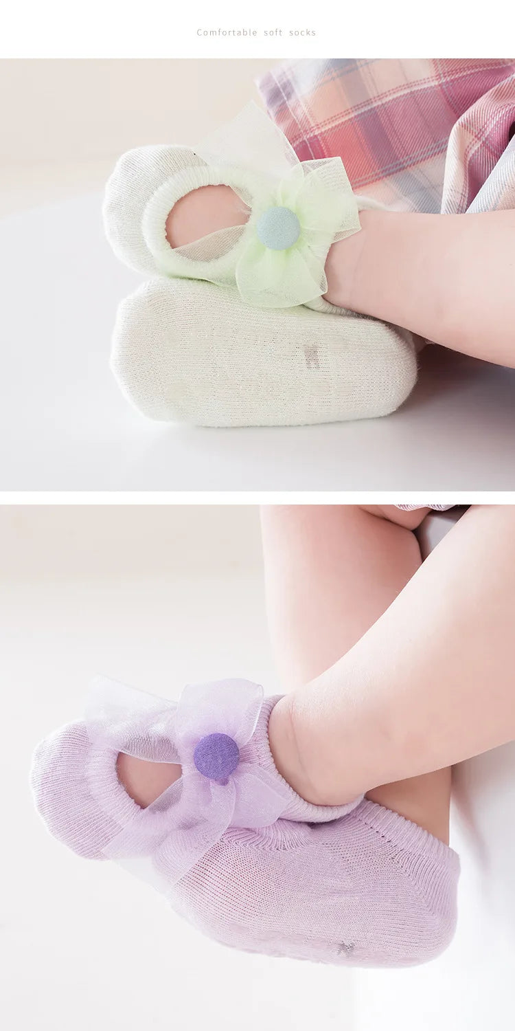 3 Pairs Baby Girl Ankle Socks Lace Bow Infant Anti Slip Socks Newborn Princess Pearl Low Cut Socks Children Home Floor Shoes