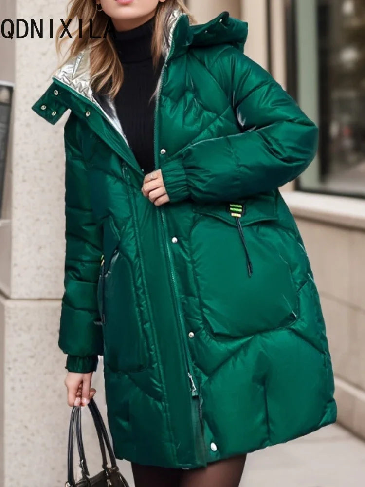 Women's Down Jacket Mid Length Korean Fashion Parka Tops Hooded Warm New Black Coat Glossy Casual Loose Jackets for Women 2024
