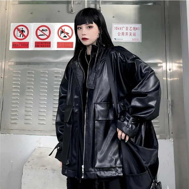 Deeptown Goth Leather Jacket Women Gothic Oversized Zipper Harajuku Fashion Streetwear Jacket Female Dark Academia Loose Black