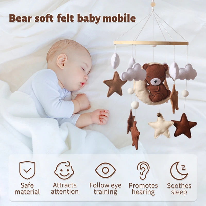 Let's Make Wooden Baby Rattles Soft Felt Cartoon Bear Cloudy Star Moon Hanging Bed Bell Mobile Crib Montessori Education Toys
