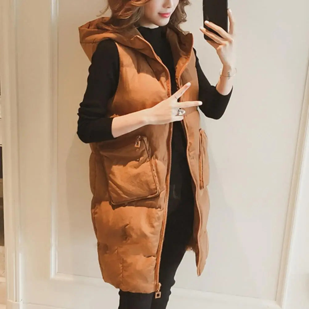 Women Waistcoat Solid Color Long Waistcoat Hooded Sleeveless Zipper Placket Vest Coat Cotton-padded Front Zipper Women Vest