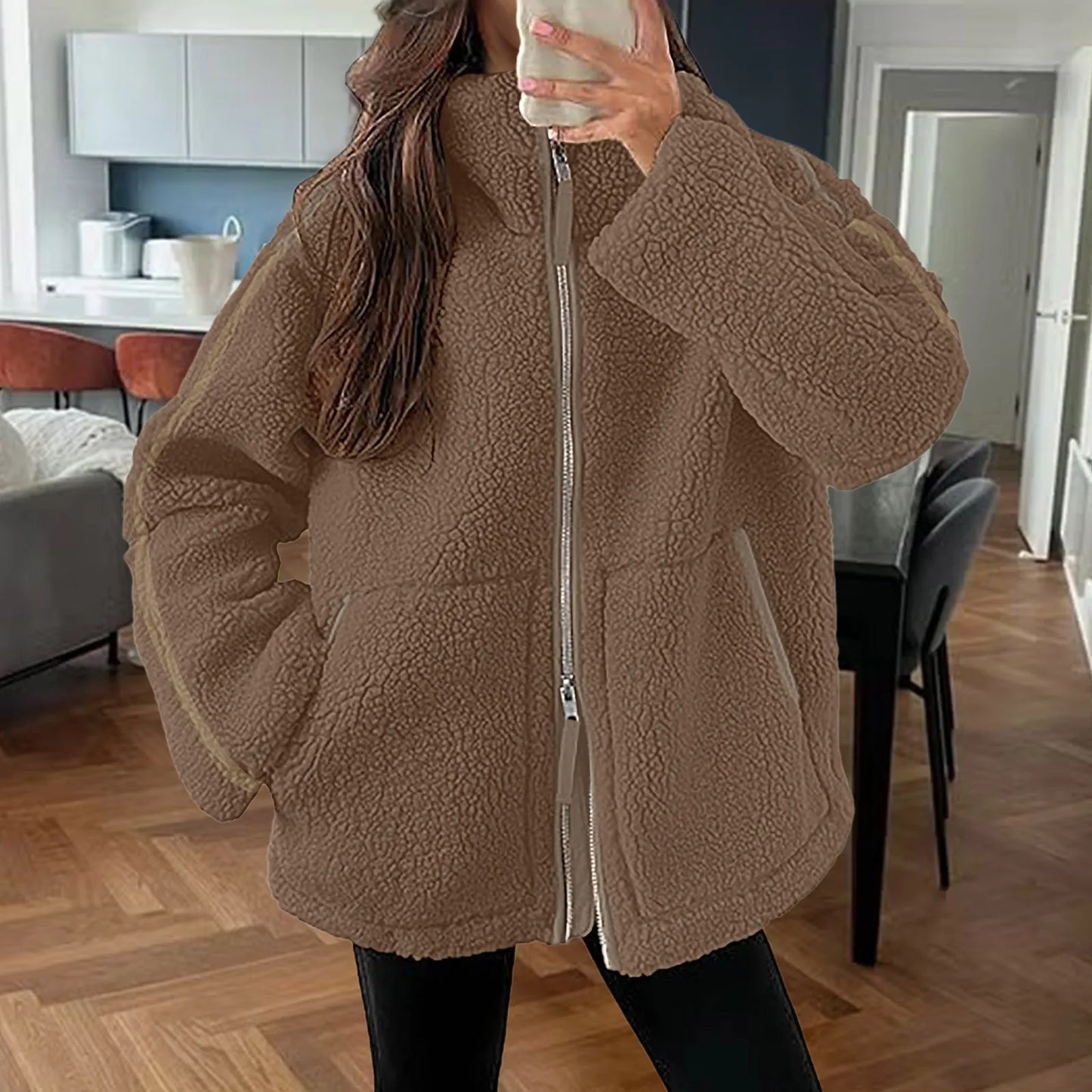 Shop Women's Oversized Fuzzy Fleece Jacket - Sherpa Teddy Coat with Double Zip