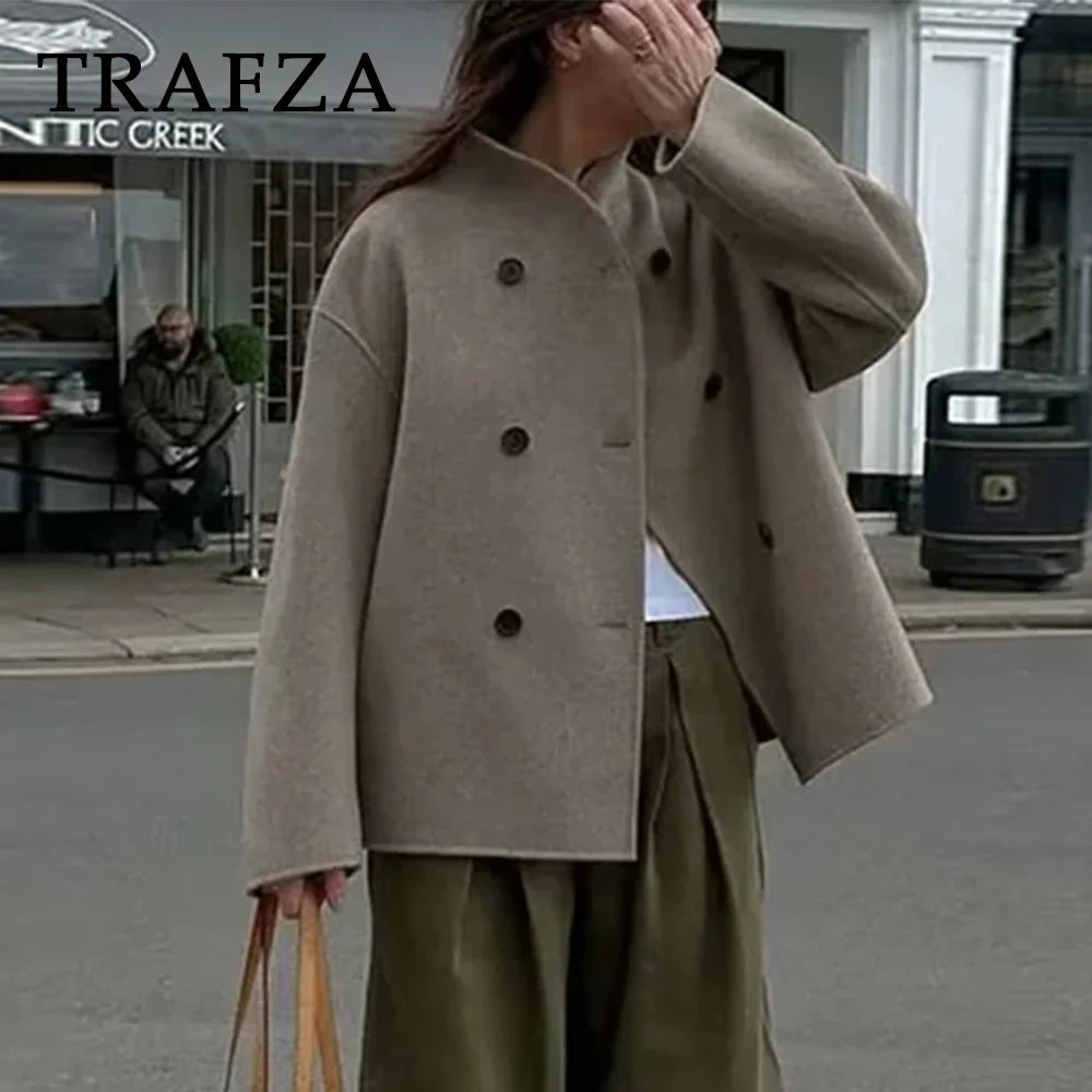 Shop Women's Woolen Coat - Casual, Double Breasted, Turtleneck Jacket