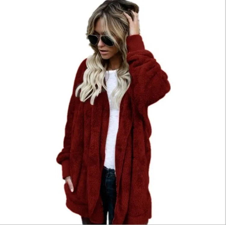 Shop Cozy Fleece Hooded Cardigan - Women's Plush Oversized Jacket