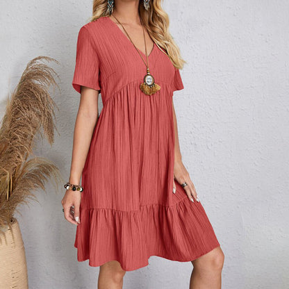 Summer Solid Dress Women Casual Bohemian V Neck Short Sleeve Ruffles Loose A Line Mini Dress Elegant Beach Party Vestidos Street