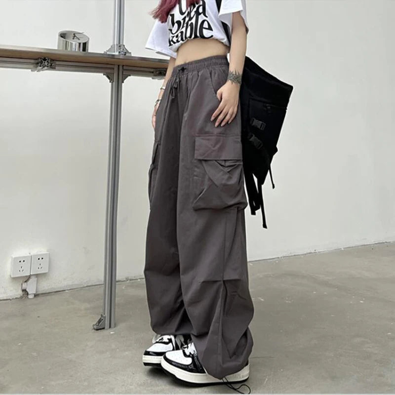 Women Casual Joggers Tech Pants Solid Low Waist Pants Drawstring Wide Leg Baggy Trousers Y2k Streetwear Oversize Sweatpants