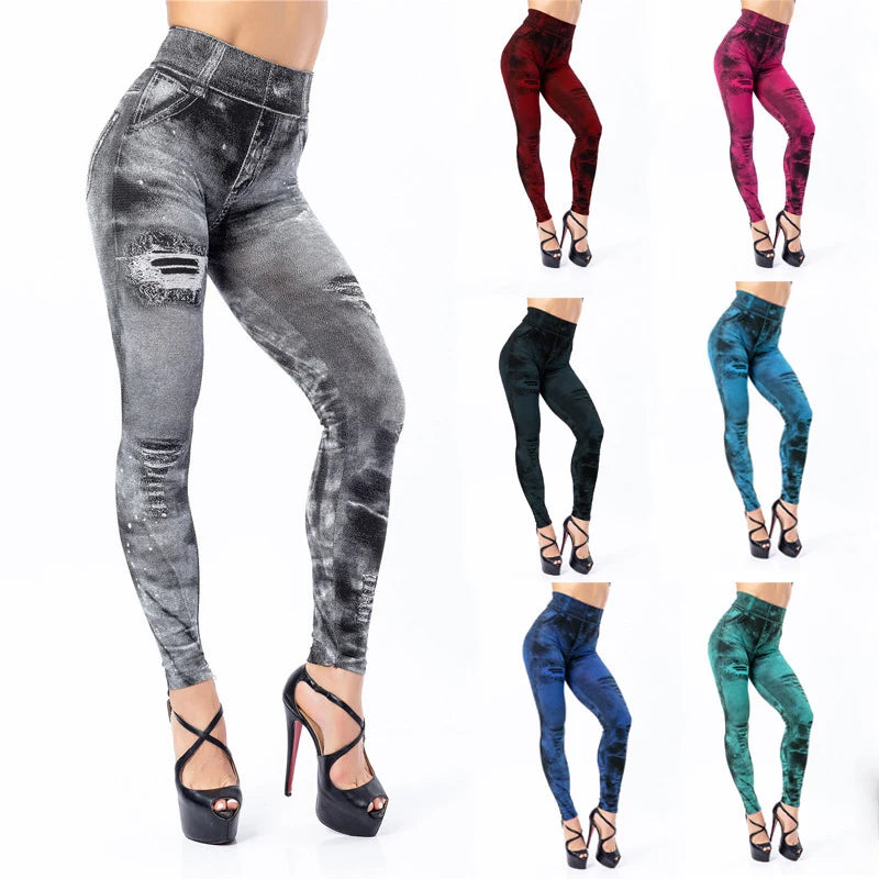 2024 Sexy Astic Imitation Jeans Leggings Women Stretch High Waist Pants Fitness Slim Push Up Leggings For Women Summer Breeches