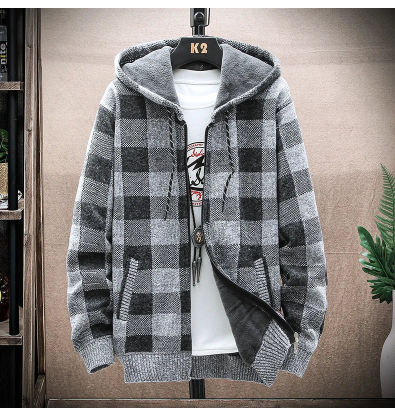 Shop Men's Plaid Hooded Cardigan Sweater - Warm Fleece Knit Jacket